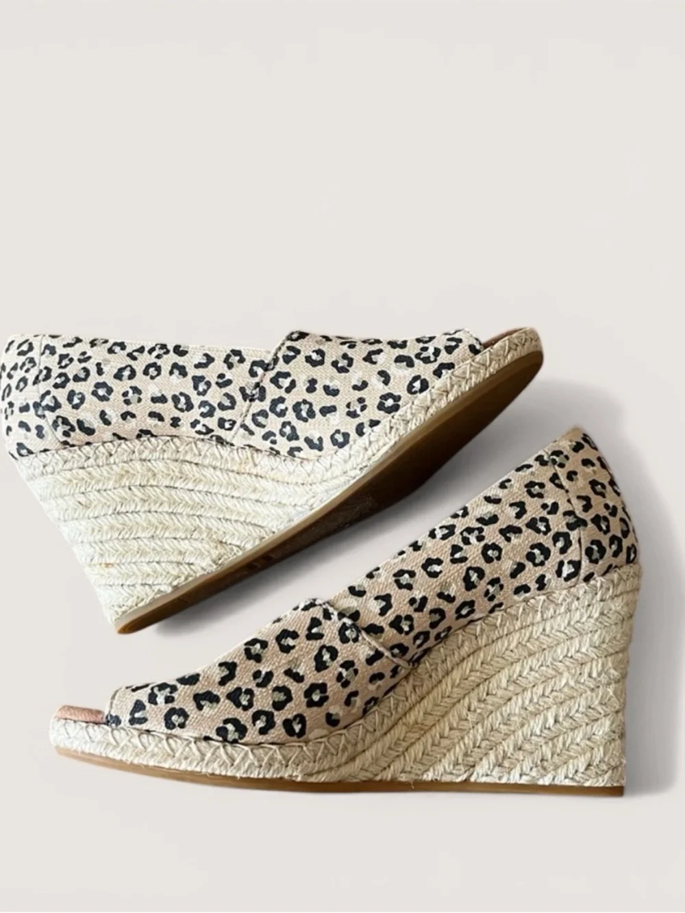 Toms Tan and Black Leopard Animal Print Wedge Peep Toe Sandals